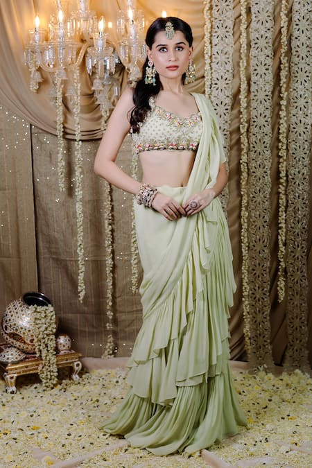 Buy_Foram Patel_Green Net, Georgette Sequins, Pre-draped Ruffle Saree And Embellished Blouse_Online_at_Aza_Fashions