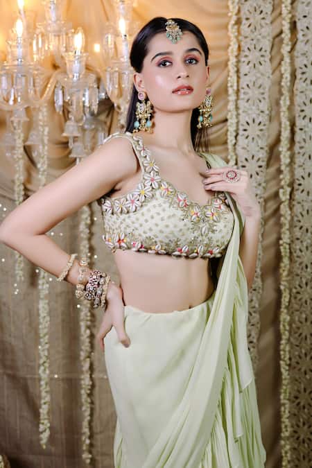 Shop_Foram Patel_Green Net, Georgette Sequins, Pre-draped Ruffle Saree And Embellished Blouse_Online_at_Aza_Fashions