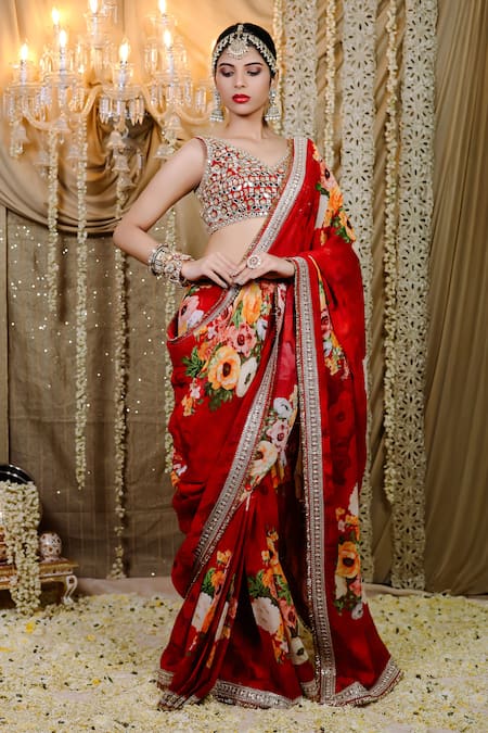 Foram Patel Blossom Print Pre-Draped Saree With Mirror Work Blouse 