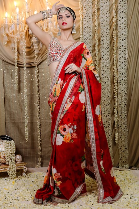 Foram Patel_Red Net, Georgette Mirrors, Cut Work Blossom Print Pre-draped Saree And Blouse_Online_at_Aza_Fashions