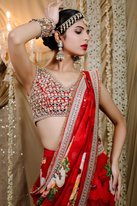 Shop_Foram Patel_Red Net, Georgette Mirrors, Cut Work Blossom Print Pre-draped Saree And Blouse_Online_at_Aza_Fashions