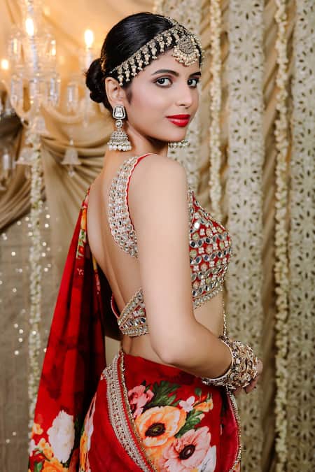 Foram Patel_Red Net, Georgette Mirrors, Cut Work Blossom Print Pre-draped Saree And Blouse_at_Aza_Fashions