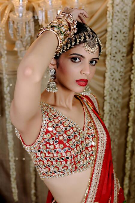 Buy_Foram Patel_Red Net, Georgette Mirrors, Cut Work Blossom Print Pre-draped Saree And Blouse