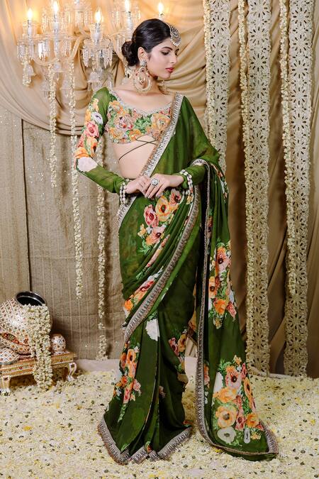 Foram Patel Green Net, Georgette Mirrors, Embroidery Round Bloom Print Pre-draped Saree Set Online at Aza Fashions Foram Patel_Green Net, Georgette Mirrors, Embroidery Round Bloom Print Pre-draped Saree Set_Online_at_Aza_Fashions