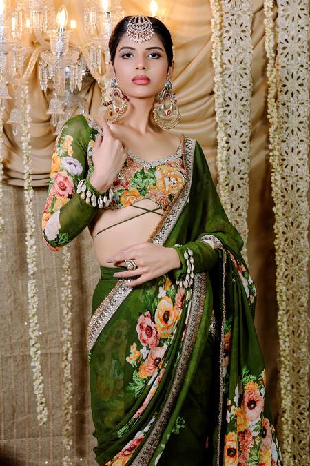 Buy Foram Patel Green Net, Georgette Mirrors, Embroidery Round Bloom Print Pre-draped Saree Set Online at Aza Fashions Buy_Foram Patel_Green Net, Georgette Mirrors, Embroidery Round Bloom Print Pre-draped Saree Set_Online_at_Aza_Fashions