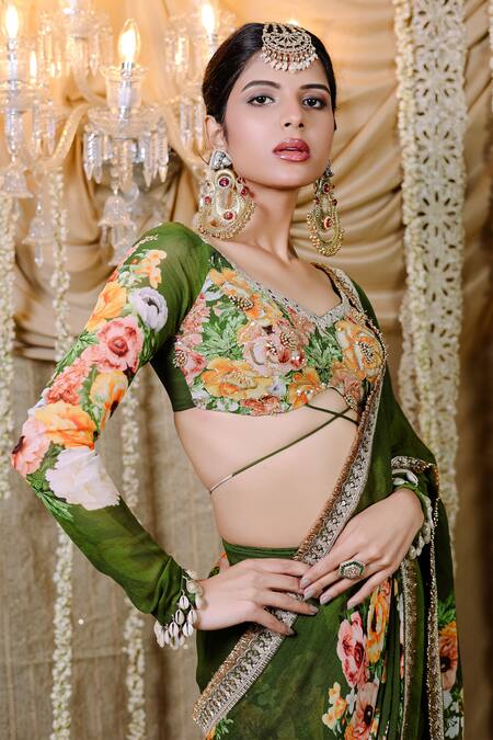 Shop Foram Patel Green Net, Georgette Mirrors, Embroidery Round Bloom Print Pre-draped Saree Set Online at Aza Fashions Shop_Foram Patel_Green Net, Georgette Mirrors, Embroidery Round Bloom Print Pre-draped Saree Set_Online_at_Aza_Fashions