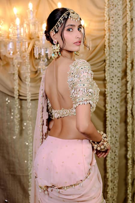 Foram Patel_Peach Net, Georgette Mirrors Round Neck Embellished Pre-draped Mumtaz Saree_Online_at_Aza_Fashions