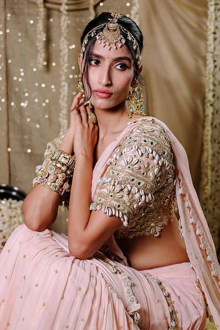 Shop_Foram Patel_Peach Net, Georgette Mirrors Round Neck Embellished Pre-draped Mumtaz Saree_Online_at_Aza_Fashions