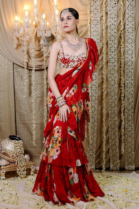 Foram Patel_Red Net, Georgette Mirrors Fleur Print Pre-draped Ruffle Saree And Blouse_Online_at_Aza_Fashions