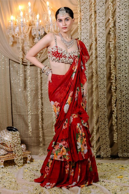 Buy_Foram Patel_Red Net, Georgette Mirrors Fleur Print Pre-draped Ruffle Saree And Blouse_Online_at_Aza_Fashions