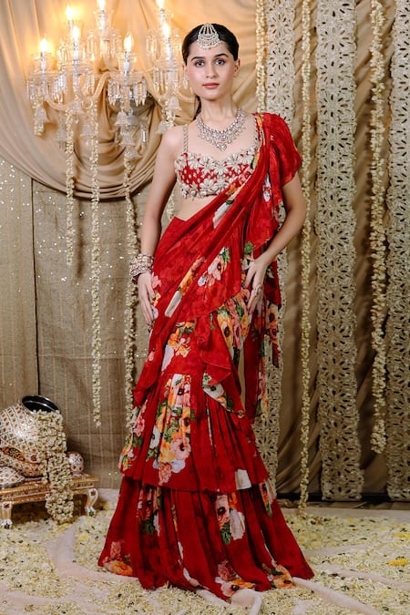 Foram Patel Red Net, Georgette Mirrors V-neck Floral Print Pre-draped Ruffle Saree Set Online at Aza Fashions Foram Patel_Red Net, Georgette Mirrors V-neck Floral Print Pre-draped Ruffle Saree Set_Online_at_Aza_Fashions