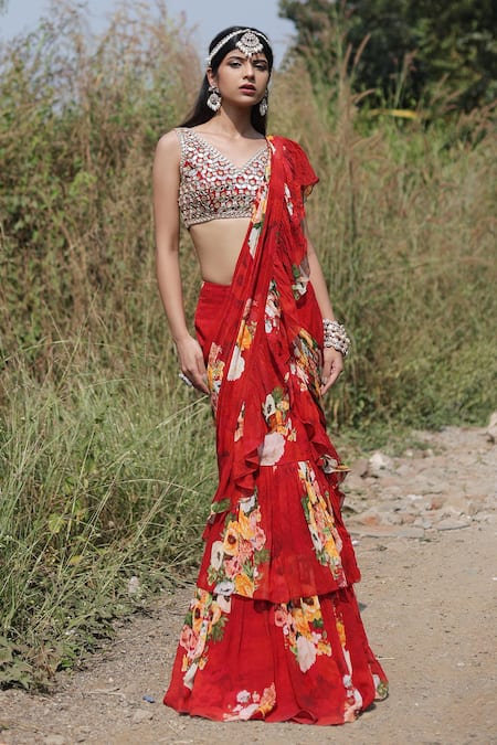 Foram Patel Red Net, Georgette Mirrors V-neck Floral Print Pre-draped Ruffle Saree Set at Aza Fashions Foram Patel_Red Net, Georgette Mirrors V-neck Floral Print Pre-draped Ruffle Saree Set_at_Aza_Fashions
