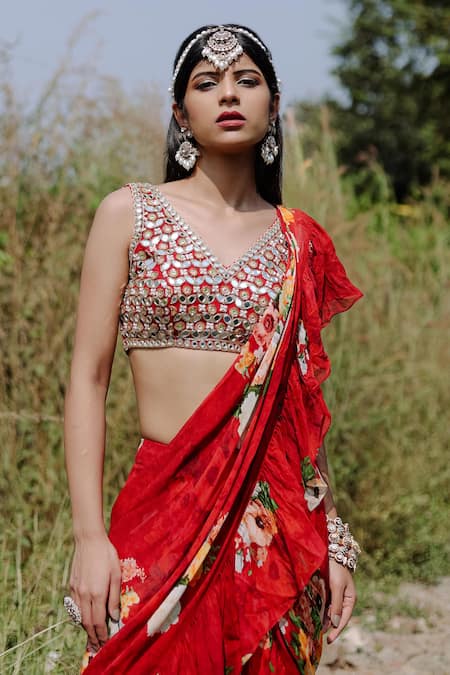 Buy Foram Patel Red Net, Georgette Mirrors V-neck Floral Print Pre-draped Ruffle Saree Set Buy_Foram Patel_Red Net, Georgette Mirrors V-neck Floral Print Pre-draped Ruffle Saree Set