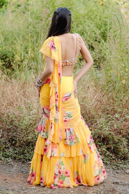 Shop Foram Patel Yellow Net, Georgette Mirrors, Floral Bloom Print Pre-draped Ruffle Saree at Aza Fashions Shop_Foram Patel_Yellow Net, Georgette Mirrors, Floral Bloom Print Pre-draped Ruffle Saree_at_Aza_Fashions