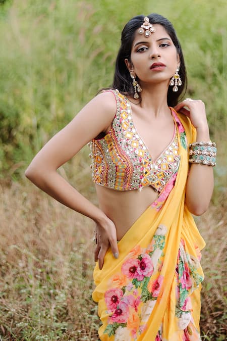 Foram Patel Yellow Net, Georgette Mirrors, Floral Bloom Print Pre-draped Ruffle Saree Online at Aza Fashions Foram Patel_Yellow Net, Georgette Mirrors, Floral Bloom Print Pre-draped Ruffle Saree_Online_at_Aza_Fashions