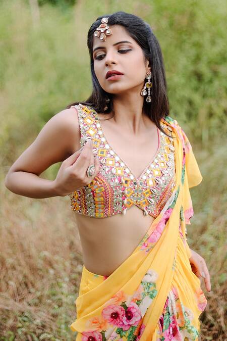 Buy Foram Patel Yellow Net, Georgette Mirrors, Floral Bloom Print Pre-draped Ruffle Saree Online at Aza Fashions Buy_Foram Patel_Yellow Net, Georgette Mirrors, Floral Bloom Print Pre-draped Ruffle Saree_Online_at_Aza_Fashions