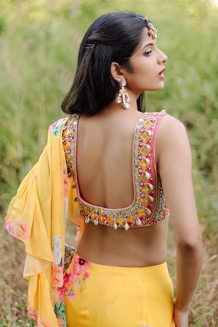 Shop Foram Patel Yellow Net, Georgette Mirrors, Floral Bloom Print Pre-draped Ruffle Saree Online at Aza Fashions Shop_Foram Patel_Yellow Net, Georgette Mirrors, Floral Bloom Print Pre-draped Ruffle Saree_Online_at_Aza_Fashions