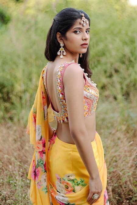 Foram Patel Yellow Net, Georgette Mirrors, Floral Bloom Print Pre-draped Ruffle Saree at Aza Fashions Foram Patel_Yellow Net, Georgette Mirrors, Floral Bloom Print Pre-draped Ruffle Saree_at_Aza_Fashions