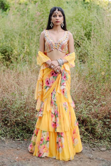 Buy Foram Patel Yellow Net, Georgette Mirrors, Floral Bloom Print Pre-draped Ruffle Saree Buy_Foram Patel_Yellow Net, Georgette Mirrors, Floral Bloom Print Pre-draped Ruffle Saree
