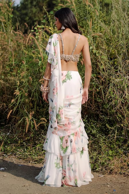 Shop Foram Patel Gold Net, Georgette Mirrors, Florence Bloom Print Ruffle Saree And Blouse at Aza Fashions Shop_Foram Patel_Gold Net, Georgette Mirrors, Florence Bloom Print Ruffle Saree And Blouse_at_Aza_Fashions