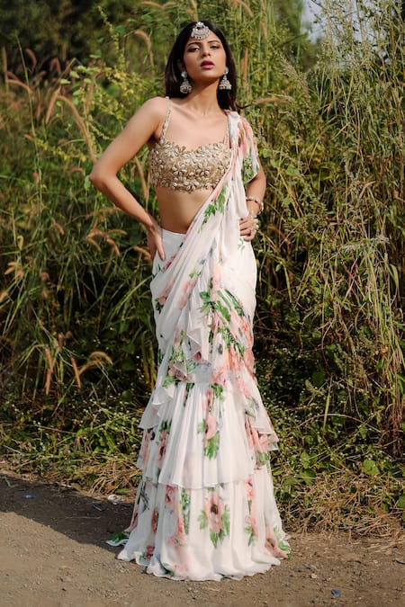 Shop Foram Patel Gold Net, Georgette Mirrors, Florence Bloom Print Ruffle Saree And Blouse Online at Aza Fashions Shop_Foram Patel_Gold Net, Georgette Mirrors, Florence Bloom Print Ruffle Saree And Blouse_Online_at_Aza_Fashions