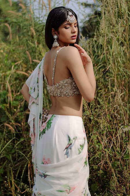 Foram Patel Gold Net, Georgette Mirrors, Florence Bloom Print Ruffle Saree And Blouse at Aza Fashions Foram Patel_Gold Net, Georgette Mirrors, Florence Bloom Print Ruffle Saree And Blouse_at_Aza_Fashions