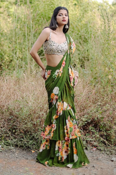 Foram Patel_Green Net, Georgette Mirrors, Gardenia Bloom Print Ruffle Saree And Blouse_Online_at_Aza_Fashions