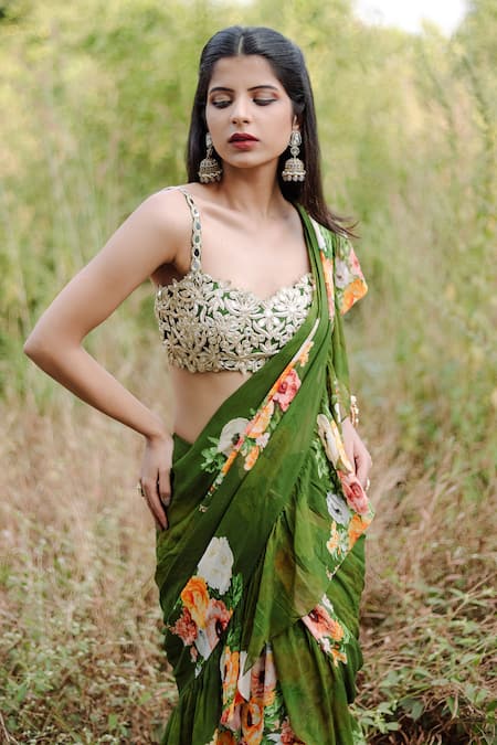 Buy_Foram Patel_Green Net, Georgette Mirrors, Gardenia Bloom Print Ruffle Saree And Blouse_Online_at_Aza_Fashions