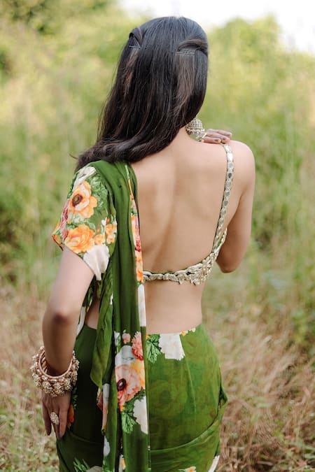 Shop_Foram Patel_Green Net, Georgette Mirrors, Gardenia Bloom Print Ruffle Saree And Blouse_Online_at_Aza_Fashions