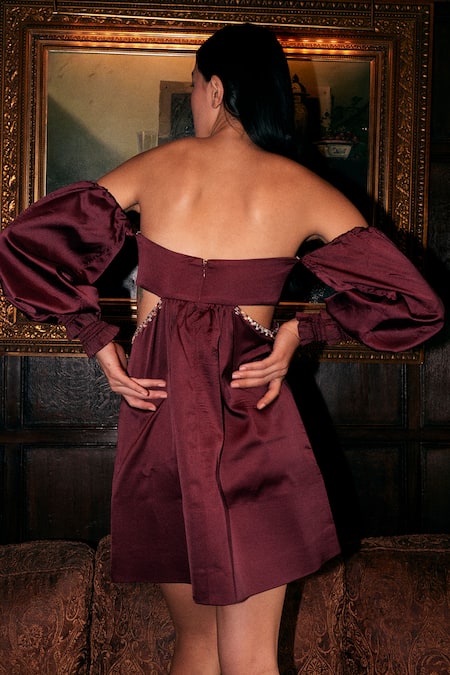 Shop_Kangana Trehan_Maroon Satin, Silk Crystals Off-shoulder A-line Dress _at_Aza_Fashions