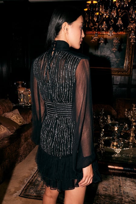 Shop_Kangana Trehan_Black Chiffon, Silk Sequins High Neck Mini Dress _at_Aza_Fashions