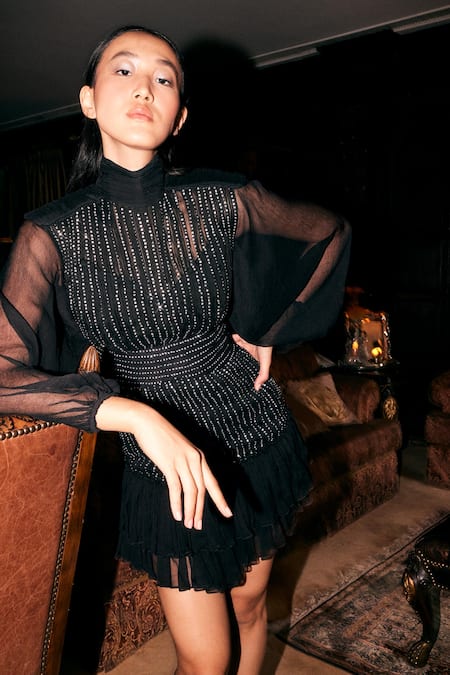 Kangana Trehan_Black Chiffon, Silk Sequins High Neck Mini Dress _Online_at_Aza_Fashions