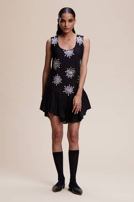 Kangana Trehan Black Cotton Silk Embellished Ruffle U Neck Asymmetric Short Dress 