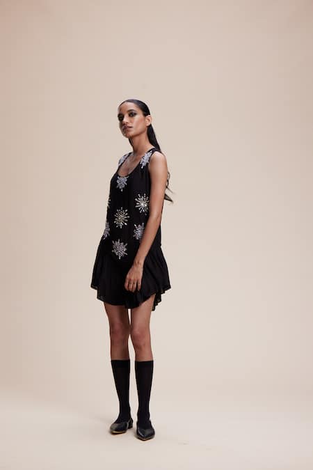 Buy Kangana Trehan Black Cotton, Silk Beads, Sequins Round Neck Floral Embellished Asymmetric Dress Online at Aza Fashions Buy_Kangana Trehan_Black Cotton, Silk Beads, Sequins Round Neck Floral Embellished Asymmetric Dress _Online_at_Aza_Fashions