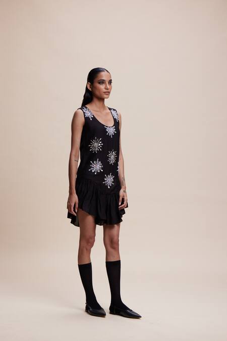 Shop Kangana Trehan Black Cotton, Silk Beads, Sequins Round Neck Floral Embellished Asymmetric Dress Online at Aza Fashions Shop_Kangana Trehan_Black Cotton, Silk Beads, Sequins Round Neck Floral Embellished Asymmetric Dress _Online_at_Aza_Fashions