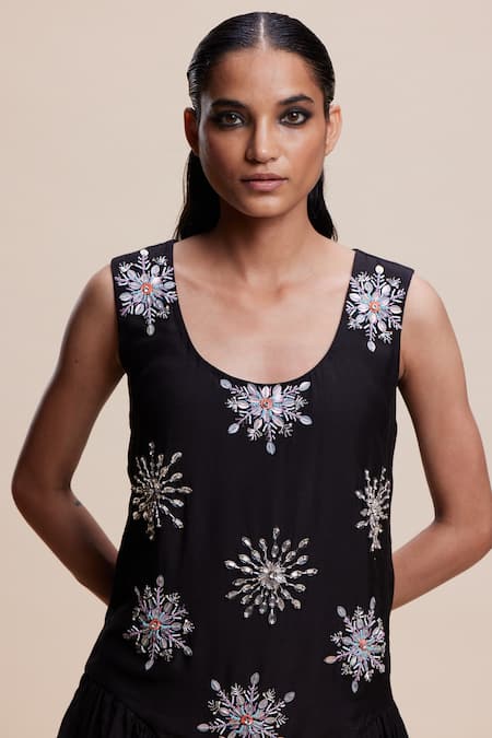 Kangana Trehan Black Cotton, Silk Beads, Sequins Round Neck Floral Embellished Asymmetric Dress at Aza Fashions Kangana Trehan_Black Cotton, Silk Beads, Sequins Round Neck Floral Embellished Asymmetric Dress _at_Aza_Fashions