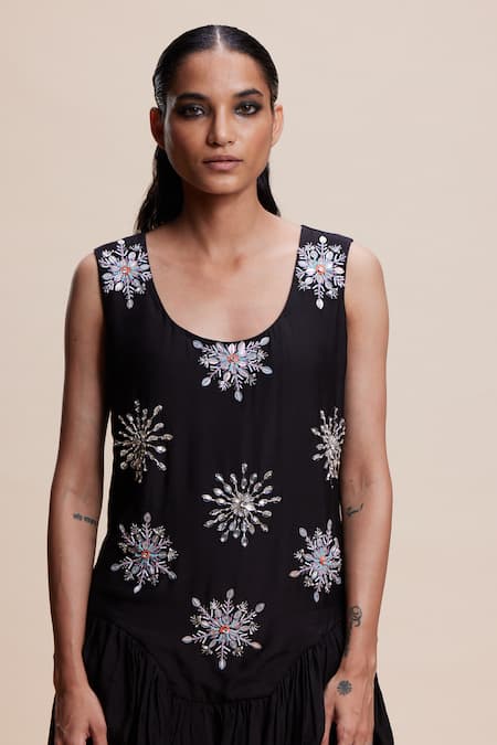 Buy Kangana Trehan Black Cotton, Silk Beads, Sequins Round Neck Floral Embellished Asymmetric Dress Buy_Kangana Trehan_Black Cotton, Silk Beads, Sequins Round Neck Floral Embellished Asymmetric Dress