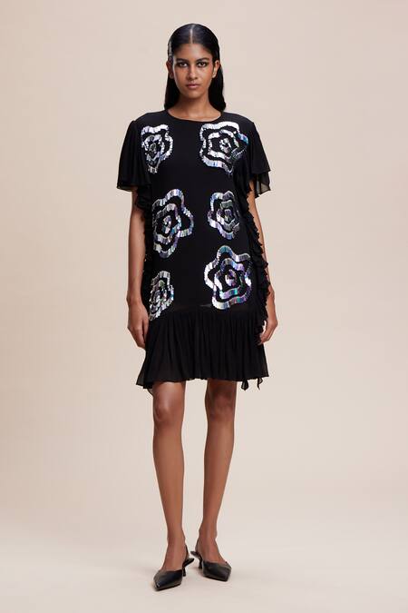 Kangana Trehan Black Georgette Sequins Round Neck Floral Embellished Ruffle Dress Online at Aza Fashions Kangana Trehan_Black Georgette Sequins Round Neck Floral Embellished Ruffle Dress _Online_at_Aza_Fashions