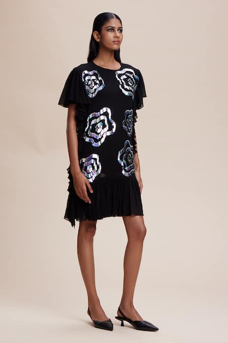Buy Kangana Trehan Black Georgette Sequins Round Neck Floral Embellished Ruffle Dress Online at Aza Fashions Buy_Kangana Trehan_Black Georgette Sequins Round Neck Floral Embellished Ruffle Dress _Online_at_Aza_Fashions
