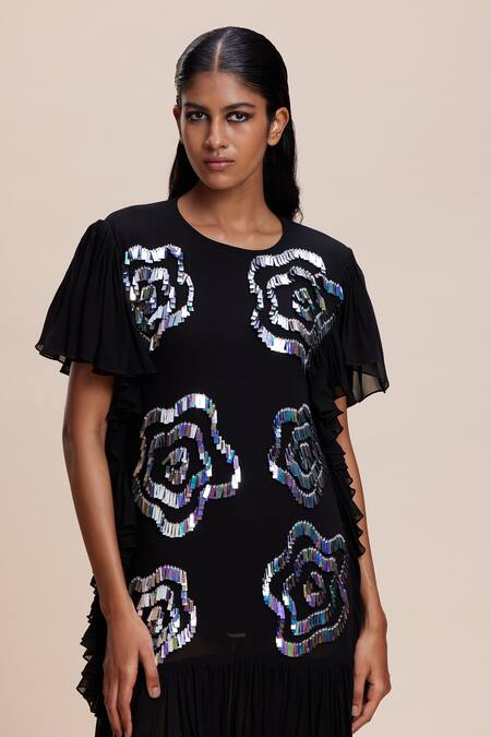 Shop Kangana Trehan Black Georgette Sequins Round Neck Floral Embellished Ruffle Dress Online at Aza Fashions Shop_Kangana Trehan_Black Georgette Sequins Round Neck Floral Embellished Ruffle Dress _Online_at_Aza_Fashions