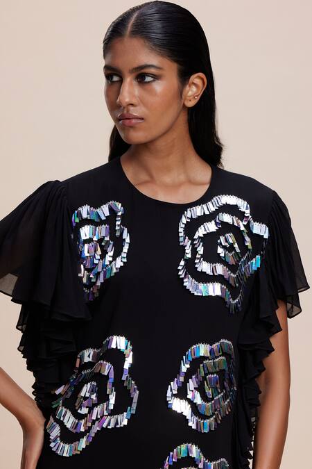Kangana Trehan Black Georgette Sequins Round Neck Floral Embellished Ruffle Dress at Aza Fashions Kangana Trehan_Black Georgette Sequins Round Neck Floral Embellished Ruffle Dress _at_Aza_Fashions