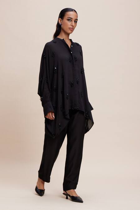 Kangana Trehan Black Satin Beads, Tassels Mandarin Embellished Asymmetric Shirt And Pant Set Online at Aza Fashions Kangana Trehan_Black Satin Beads, Tassels Mandarin Embellished Asymmetric Shirt And Pant Set _Online_at_Aza_Fashions
