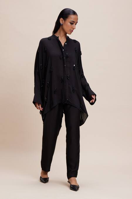 Buy Kangana Trehan Black Satin Beads, Tassels Mandarin Embellished Asymmetric Shirt And Pant Set Online at Aza Fashions Buy_Kangana Trehan_Black Satin Beads, Tassels Mandarin Embellished Asymmetric Shirt And Pant Set _Online_at_Aza_Fashions