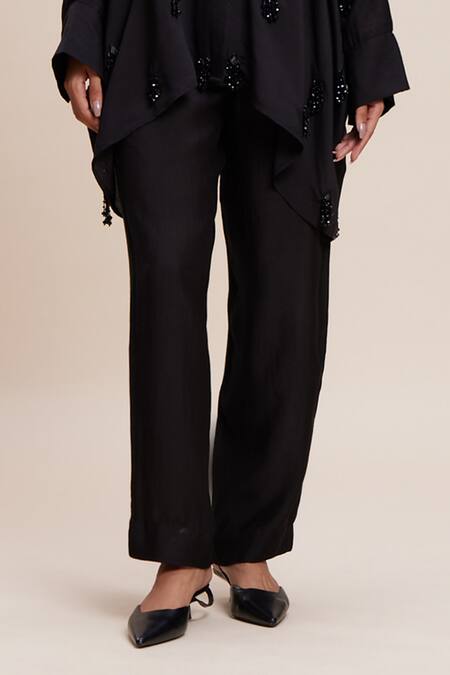 Shop Kangana Trehan Black Satin Beads, Tassels Mandarin Embellished Asymmetric Shirt And Pant Set Online at Aza Fashions Shop_Kangana Trehan_Black Satin Beads, Tassels Mandarin Embellished Asymmetric Shirt And Pant Set _Online_at_Aza_Fashions