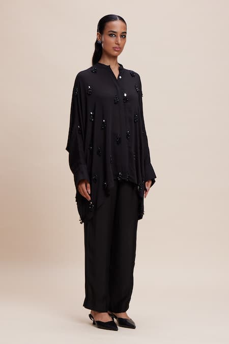 Kangana Trehan Black Satin Beads, Tassels Mandarin Embellished Asymmetric Shirt And Pant Set at Aza Fashions Kangana Trehan_Black Satin Beads, Tassels Mandarin Embellished Asymmetric Shirt And Pant Set _at_Aza_Fashions