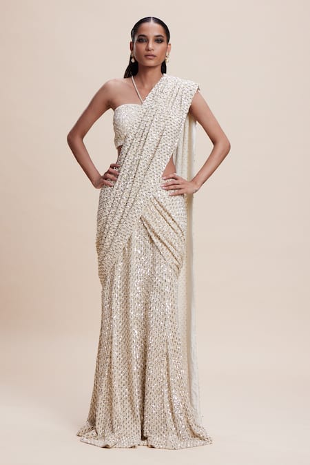 Buy_Kangana Trehan_Cream Georgette Sequins Sweetheart Neck Embellished Pre-draped Saree Set _Online_at_Aza_Fashions