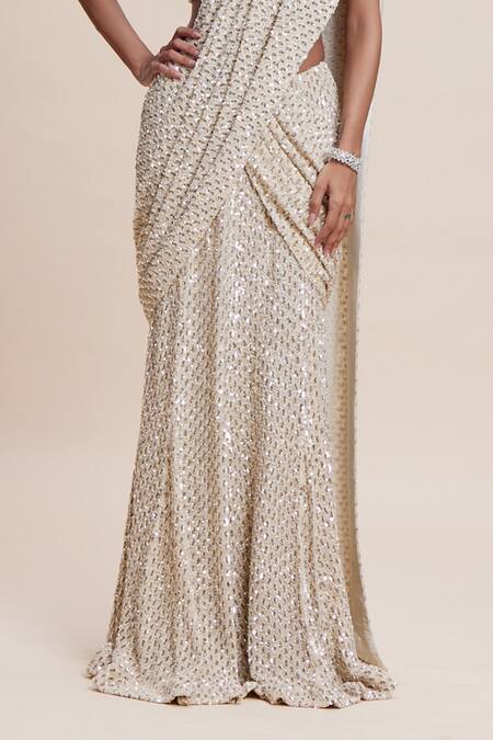 Shop_Kangana Trehan_Cream Georgette Sequins Sweetheart Neck Embellished Pre-draped Saree Set _Online_at_Aza_Fashions
