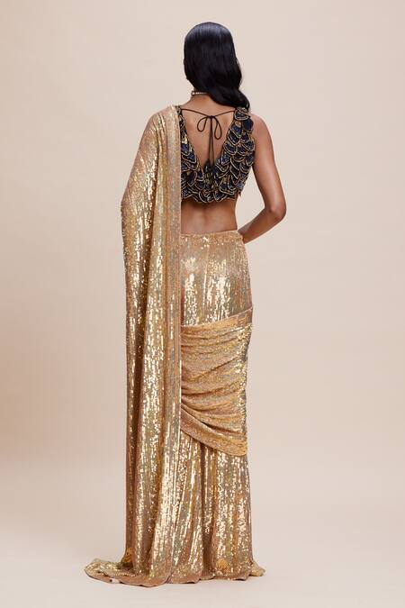 Kangana Trehan Gold Sequin Embellished Pre-Draped Saree 
