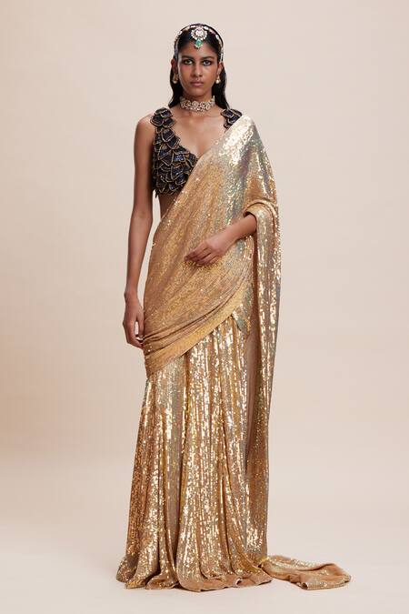 Kangana Trehan_Black Crepe, Georgette Cut Work, Sequins Gold Embellished Pre-draped Saree _Online_at_Aza_Fashions