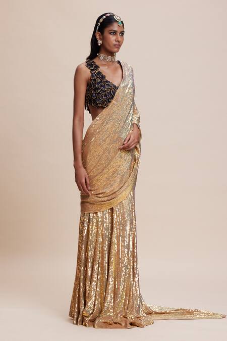 Buy_Kangana Trehan_Black Crepe, Georgette Cut Work, Sequins Gold Embellished Pre-draped Saree _Online_at_Aza_Fashions